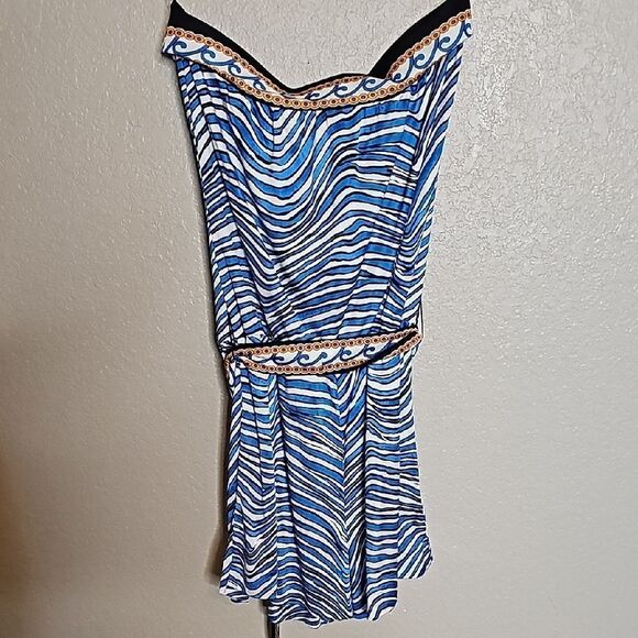 Trina Turk XS Silk Blend Strapless Romper Blue and White Striped with tie belt - Picture 7 of 10